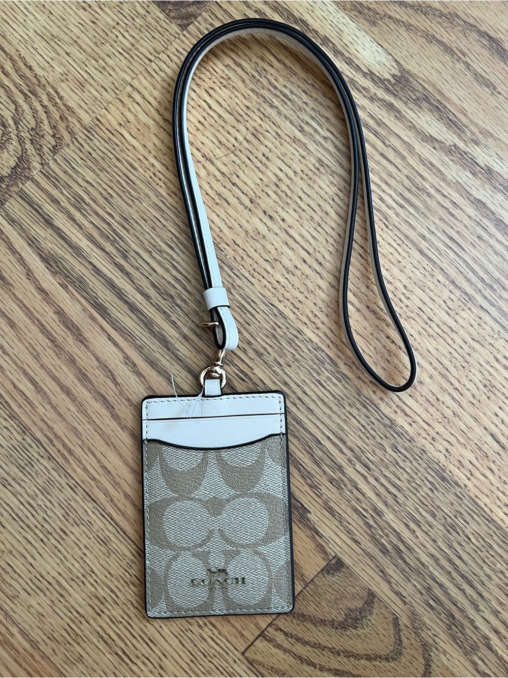 Coach Beige Signature Card Case Lanyard with White Trim